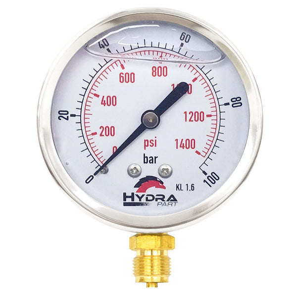 Hydra Part 100mm Glycerine Hydraulic Pressure Gauge 0-1400 Psi (100 Bar) 1/2" Bottom Entry - Approved Hydraulics