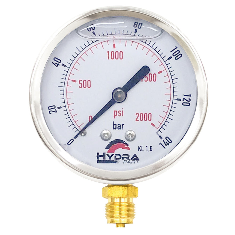 Hydra Part 100mm Glycerine Hydraulic Pressure Gauge 0-2000 Psi (140 Bar) 1/2" Bottom Entry - Approved Hydraulics