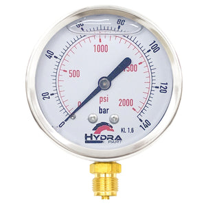 Hydra Part 100mm Glycerine Hydraulic Pressure Gauge 0-2000 Psi (140 Bar) 1/2" Bottom Entry - Approved Hydraulics