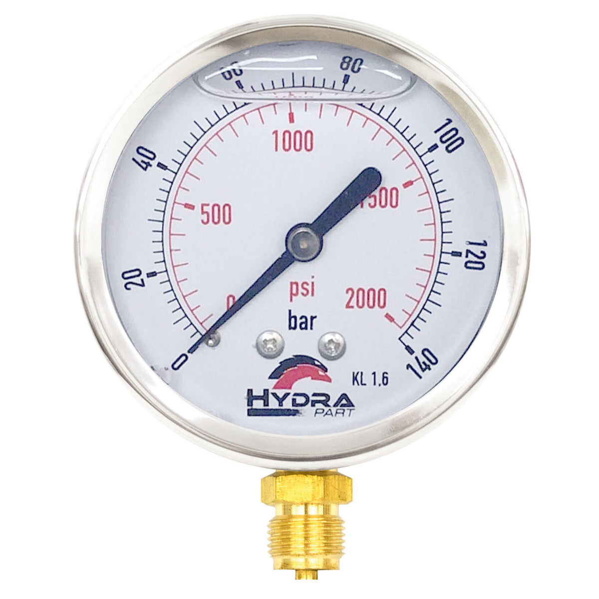 Hydra Part 100mm Glycerine Hydraulic Pressure Gauge 0-2000 Psi (140 Bar) 1/2&quot; Bottom Entry - Approved Hydraulics