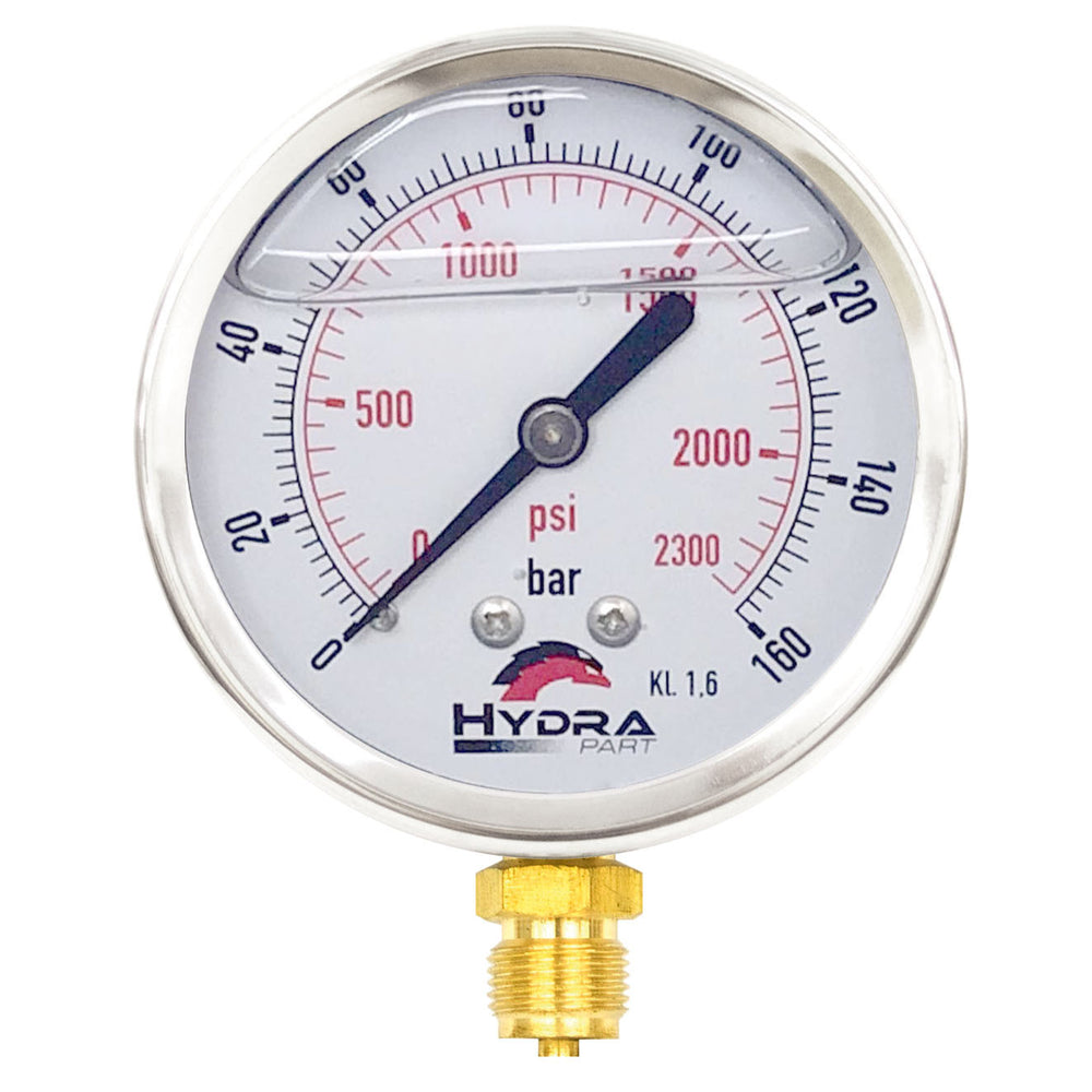 Hydra Part 100mm Glycerine Hydraulic Pressure Gauge 0-2300 Psi (160 Bar) 1/2" Bottom Entry - Approved Hydraulics