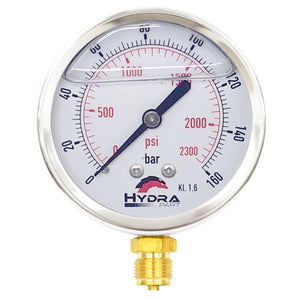 Hydra Part 100mm Glycerine Hydraulic Pressure Gauge 0-2300 Psi (160 Bar) 1/2" Bottom Entry - Approved Hydraulics