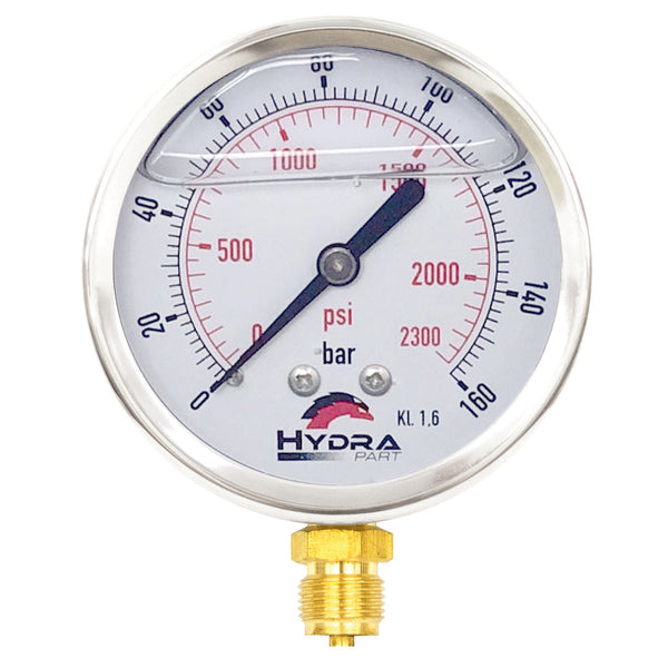Hydra Part 100mm Glycerine Hydraulic Pressure Gauge 0-2300 Psi (160 Bar) 1/2" Bottom Entry - Approved Hydraulics