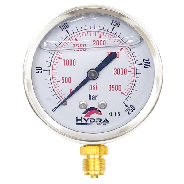 Hydra Part 100mm Glycerine Hydraulic Pressure Gauge 0-3500 Psi (250 Bar) 1/2" Bottom Entry - Approved Hydraulics