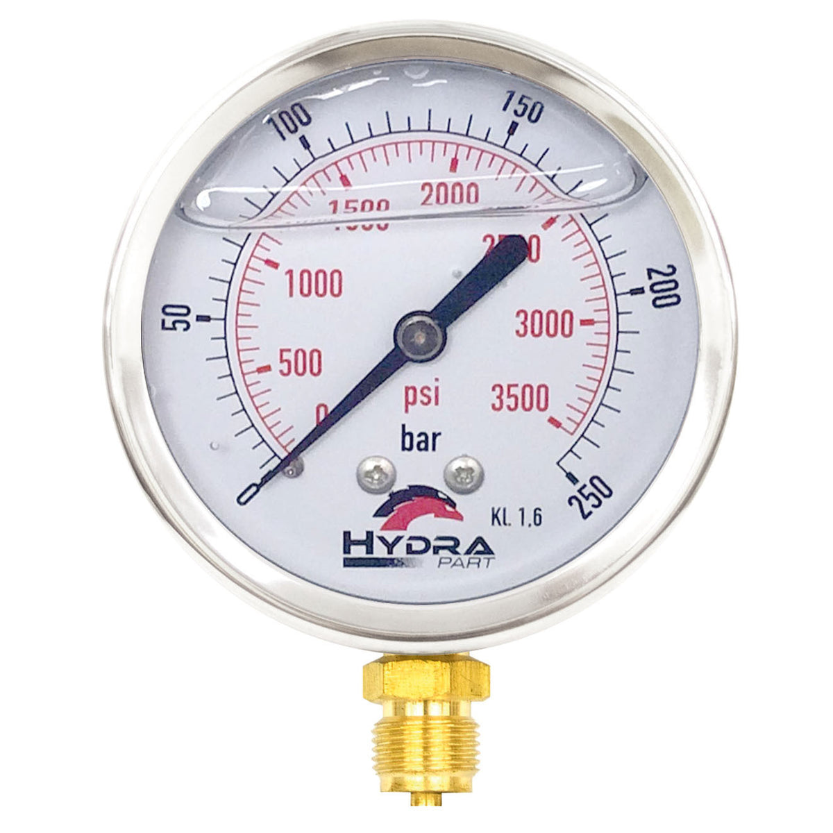 Hydra Part 100mm Glycerine Hydraulic Pressure Gauge 0-3500 Psi (250 Bar) 1/2&quot; Bottom Entry - Approved Hydraulics