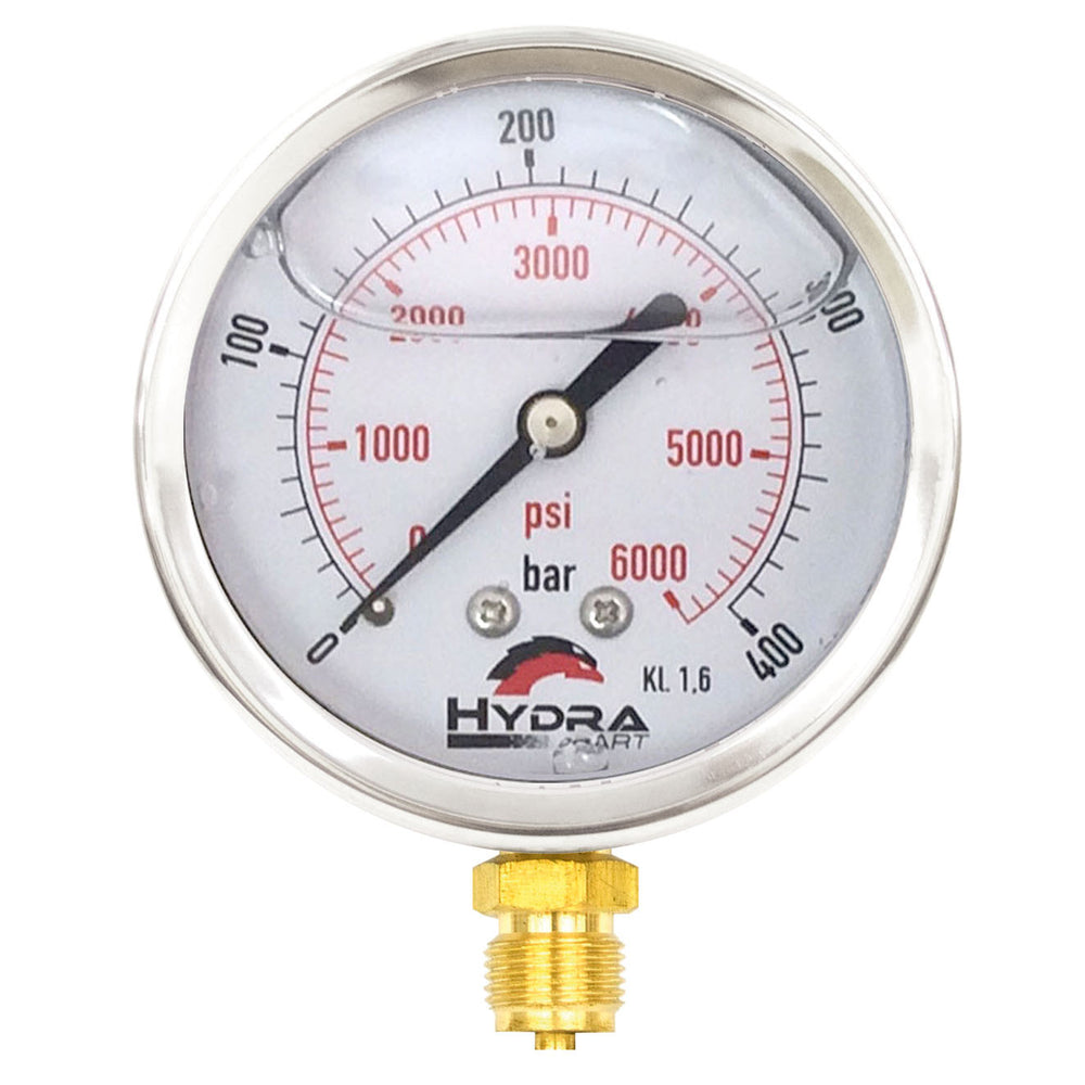 Hydra Part 100mm Glycerine Hydraulic Pressure Gauge 0-6000 Psi (400 Bar) 1/2" Bottom Entry - Approved Hydraulics