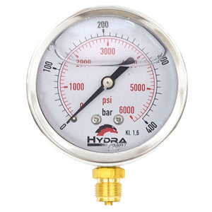 Hydra Part 100mm Glycerine Hydraulic Pressure Gauge 0-6000 Psi (400 Bar) 1/2" Bottom Entry - Approved Hydraulics