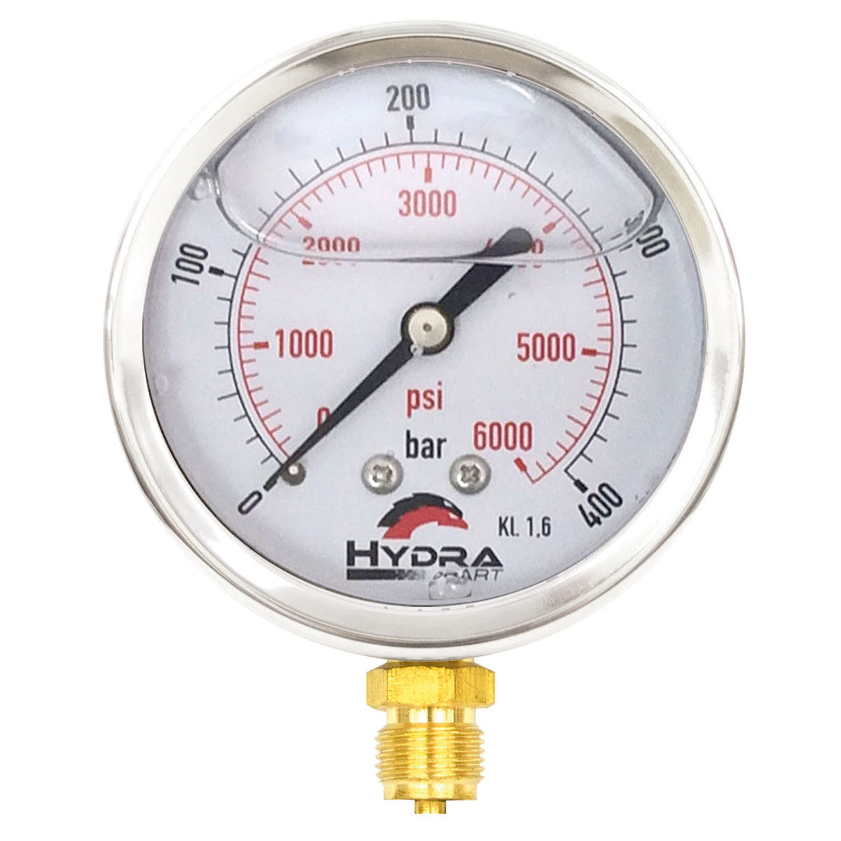 Hydra Part 100mm Glycerine Hydraulic Pressure Gauge 0-6000 Psi (400 Bar) 1/2&quot; Bottom Entry - Approved Hydraulics