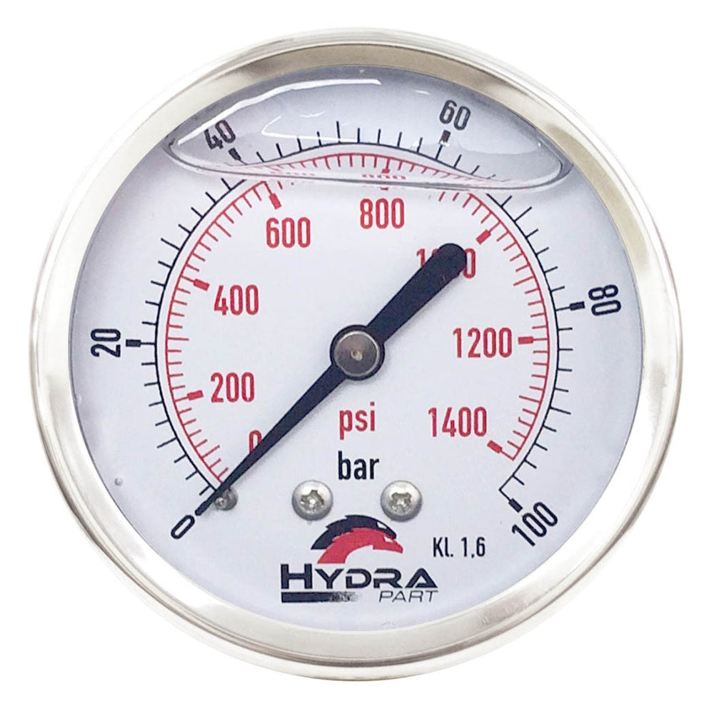 Hydra Part 100mm Glycerine Hydraulic Pressure Gauge 0-1400 Psi (100 Bar) 1/2" Rear Entry - Approved Hydraulics