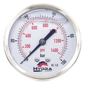 Hydra Part 100mm Glycerine Hydraulic Pressure Gauge 0-1400 Psi (100 Bar) 1/2" Rear Entry - Approved Hydraulics