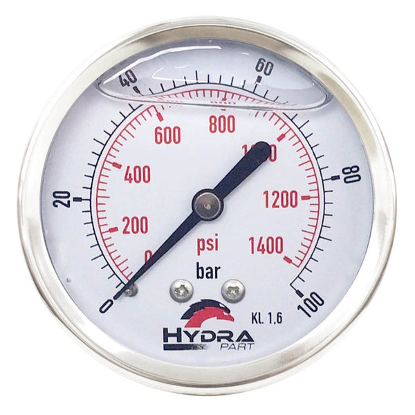 Hydra Part 100mm Glycerine Hydraulic Pressure Gauge 0-1400 Psi (100 Bar) 1/2" Rear Entry - Approved Hydraulics