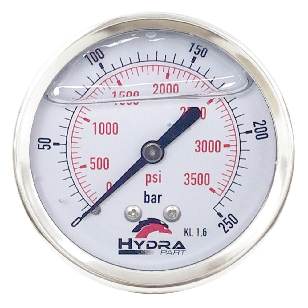 Hydra Part 100mm Glycerine Hydraulic Pressure Gauge 0-3500 Psi (250 Bar) 1/2" Rear Entry - Approved Hydraulics