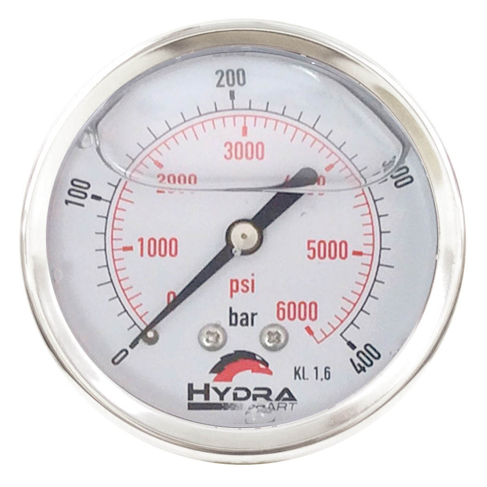 Hydra Part 100mm Glycerine Hydraulic Pressure Gauge 0-6000 Psi (400 Bar) 1/2" Rear Entry - Approved Hydraulics