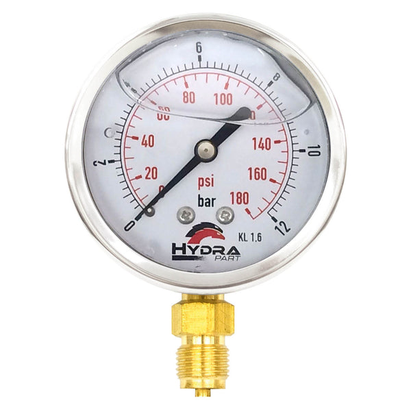 Hydra Part 63mm Glycerine Hydraulic Pressure Gauge 0-170 Psi (12 Bar) 1/4" Bottom Entry - Approved Hydraulics