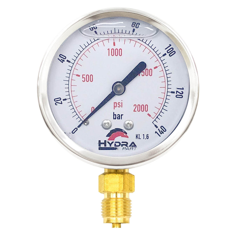 Hydra Part 63mm Glycerine Hydraulic Pressure Gauge 0-2000 Psi (140 Bar) 1/4" Bottom Entry - Approved Hydraulics