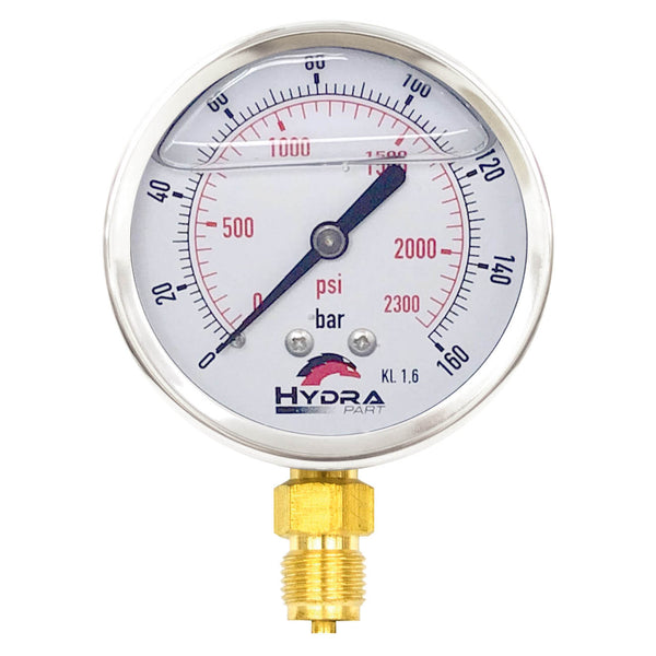 Hydra Part 63mm Glycerine Hydraulic Pressure Gauge 0-2300 Psi (160 Bar) 1/4" Bottom Entry - Approved Hydraulics