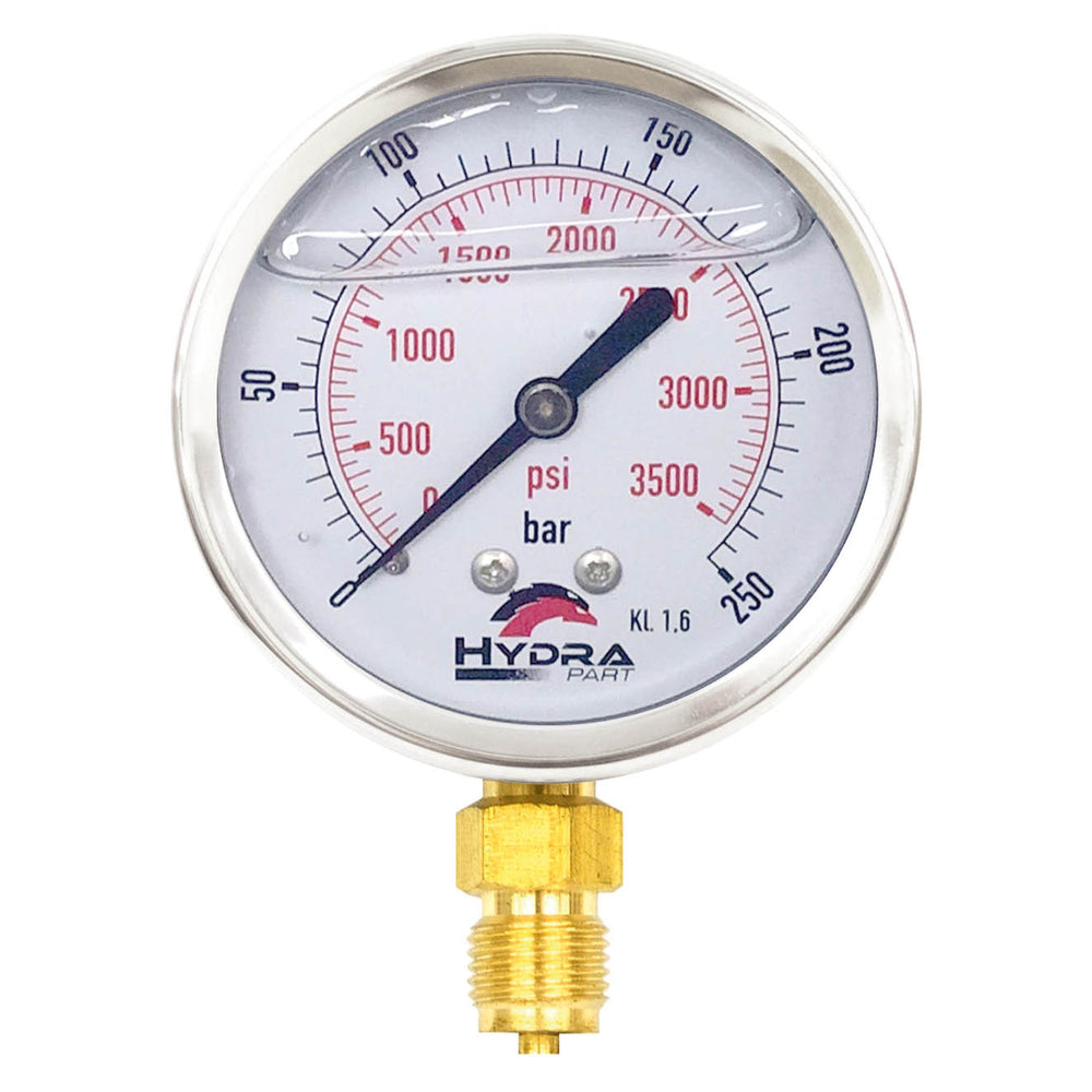 Hydra Part 63mm Glycerine Hydraulic Pressure Gauge 0-3500 Psi (250 Bar) 1/4" Bottom Entry - Approved Hydraulics