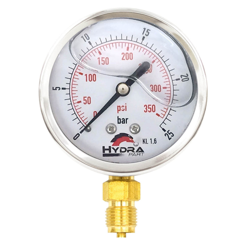 Hydra Part 63mm Glycerine Hydraulic Pressure Gauge 0-360 Psi (25 Bar) 1/4" Bottom Entry - Approved Hydraulics