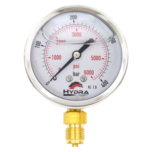 Hydra Part 63mm Glycerine Hydraulic Pressure Gauge 0-6000 Psi (400 Bar) 1/4" Bottom Entry - Approved Hydraulics