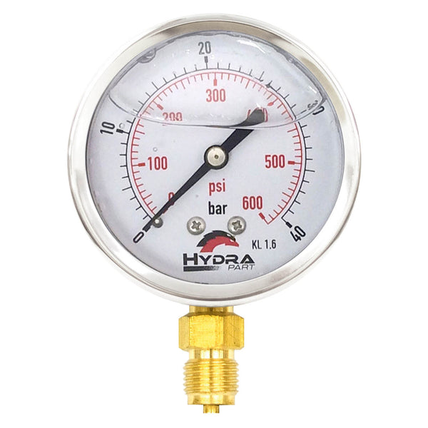 Hydra Part 63mm Glycerine Hydraulic Pressure Gauge 0-580 Psi (40 Bar) 1/4" Bottom Entry - Approved Hydraulics