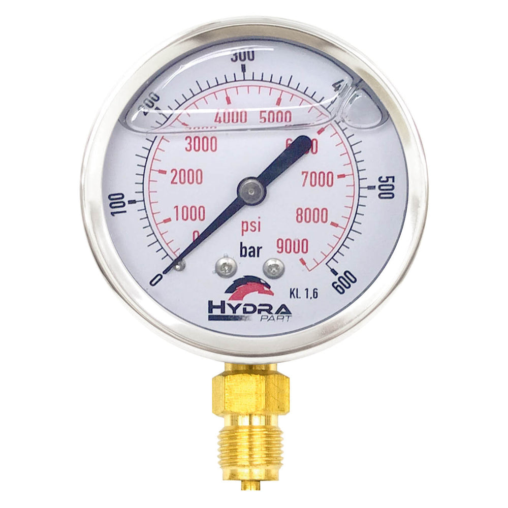 Hydra Part 63mm Glycerine Hydraulic Pressure Gauge 0-9000 Psi (600 Bar) 1/4" Bottom Entry - Approved Hydraulics