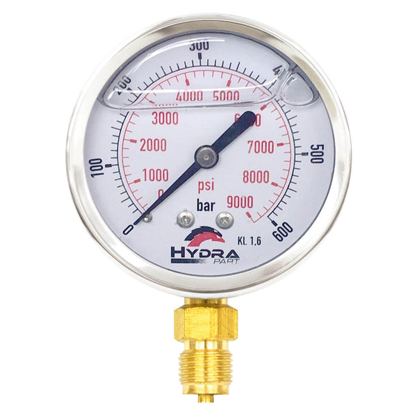 Hydra Part 63mm Glycerine Hydraulic Pressure Gauge 0-9000 Psi (600 Bar) 1/4" Bottom Entry - Approved Hydraulics