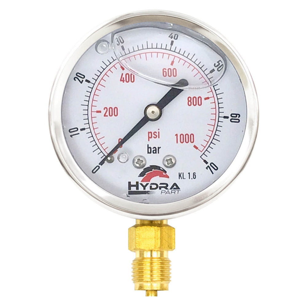 Hydra Part 63mm Glycerine Hydraulic Pressure Gauge 0-1000 Psi (70 Bar) 1/4" Bottom Entry - Approved Hydraulics