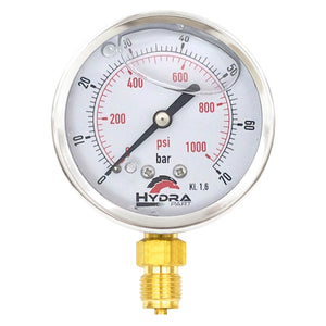 Hydra Part 63mm Glycerine Hydraulic Pressure Gauge 0-1000 Psi (70 Bar) 1/4" Bottom Entry - Approved Hydraulics