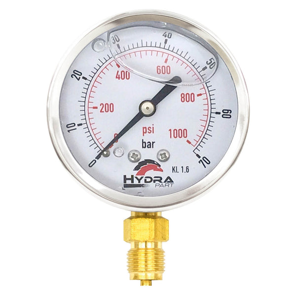 Hydra Part 63mm Glycerine Hydraulic Pressure Gauge 0-1000 Psi (70 Bar) 1/4" Bottom Entry - Approved Hydraulics