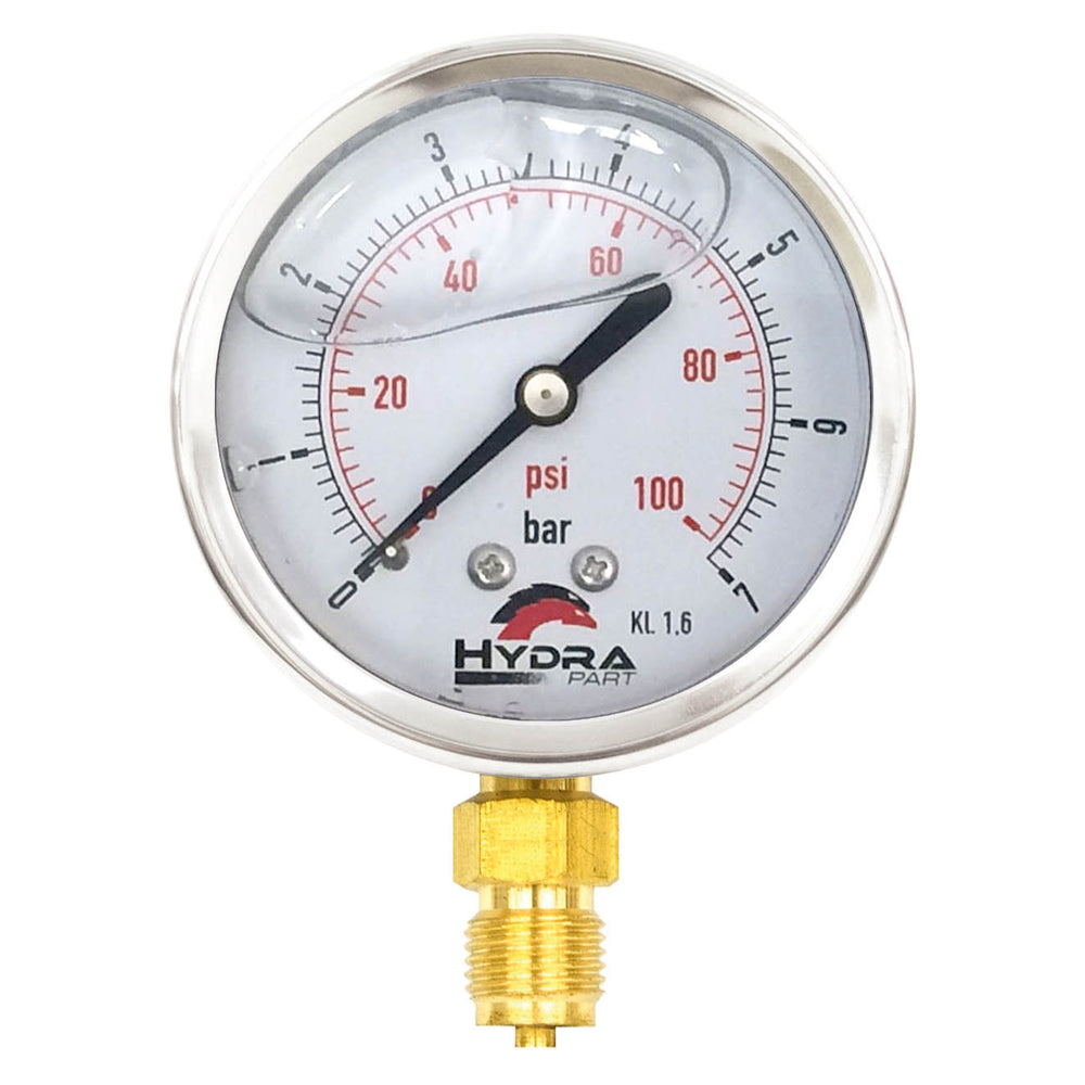 Hydra Part 63mm Glycerine Hydraulic Pressure Gauge 0-100 Psi (7 Bar) 1/4" Bottom Entry - Approved Hydraulics