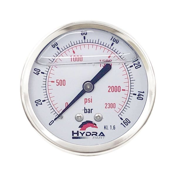 Hydra Part 63mm Glycerine Hydraulic Pressure Gauge 0-2300 Psi (160 Bar) 1/4" Rear Entry - Approved Hydraulics