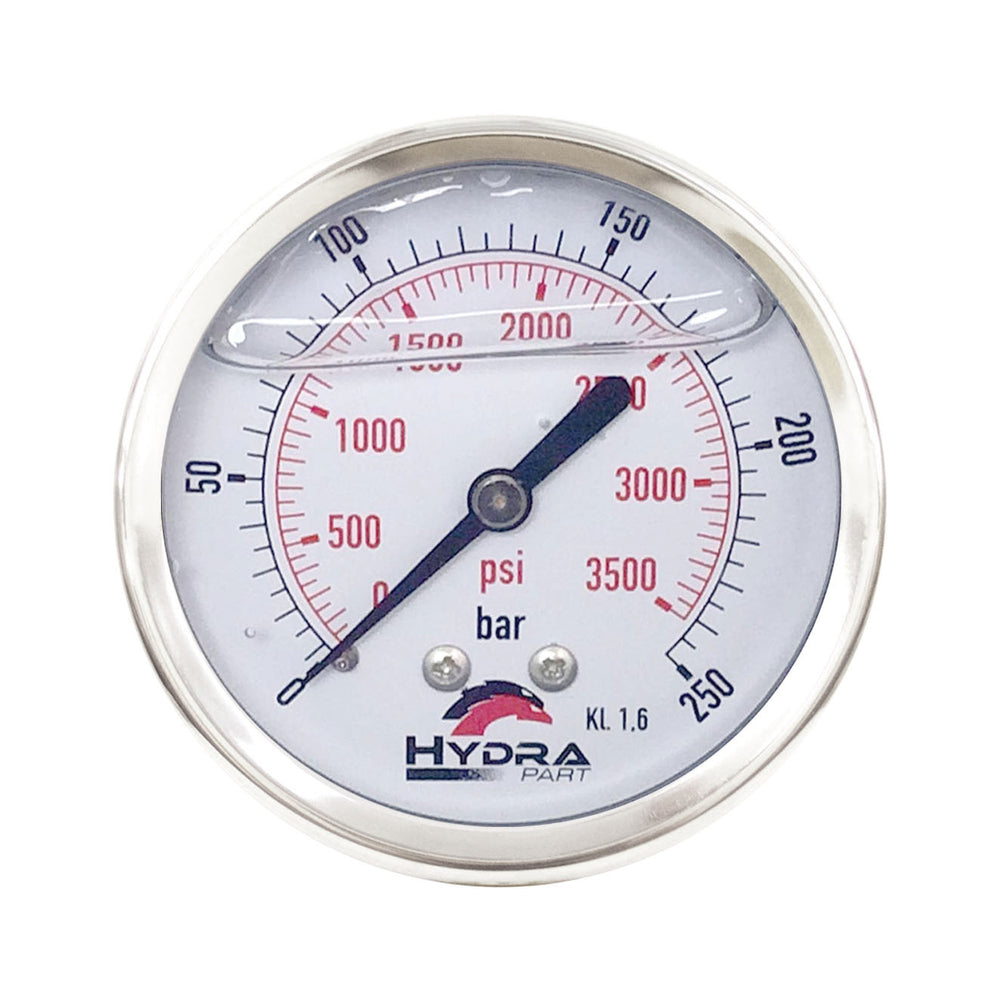 Hydra Part 63mm Glycerine Hydraulic Pressure Gauge 0-3500 Psi (250 Bar) 1/4" Rear Entry - Approved Hydraulics