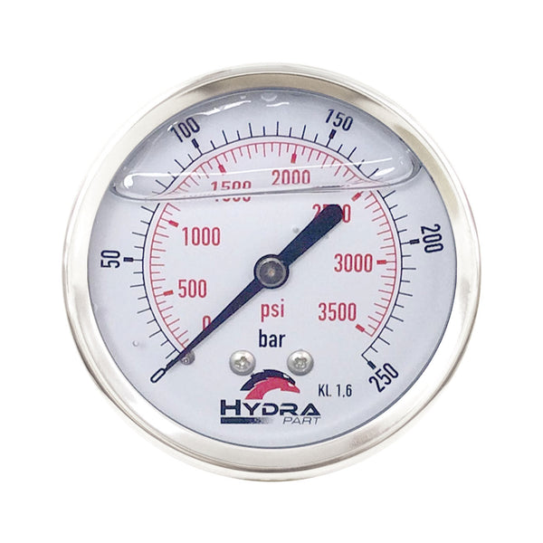 Hydra Part 63mm Glycerine Hydraulic Pressure Gauge 0-3500 Psi (250 Bar) 1/4" Rear Entry - Approved Hydraulics