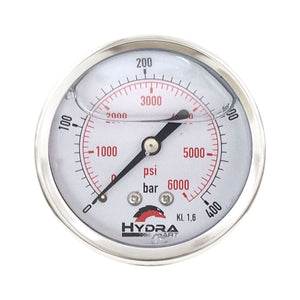 Hydra Part 63mm Glycerine Hydraulic Pressure Gauge 0-6000 Psi (400 Bar) 1/4" Rear Entry - Approved Hydraulics