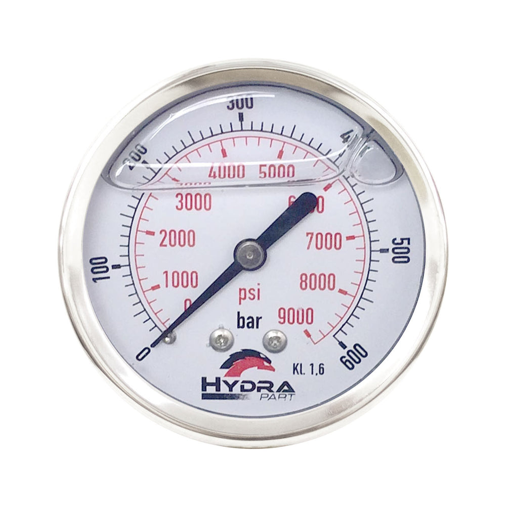 Hydra Part 63mm Glycerine Hydraulic Pressure Gauge 0-9000 Psi (600 Bar) 1/4" Rear Entry - Approved Hydraulics