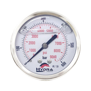 Hydra Part 63mm Glycerine Hydraulic Pressure Gauge 0-9000 Psi (600 Bar) 1/4" Rear Entry - Approved Hydraulics